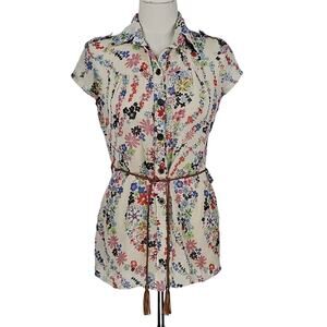 Sheer Floral Print Button Down Shirt with Belt Medium